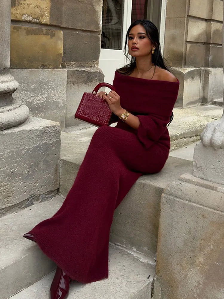 Elegant Off Shoulder Fold Knit Long Sleeve Tight Red Christmas Party Dress Dark Red / S Dresses-L