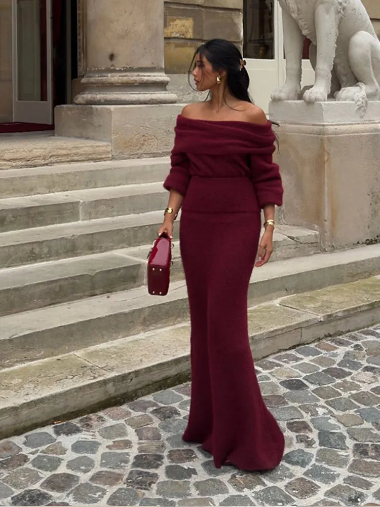 Elegant Off Shoulder Fold Knit Long Sleeve Tight Red Christmas Party Dress Dresses-L
