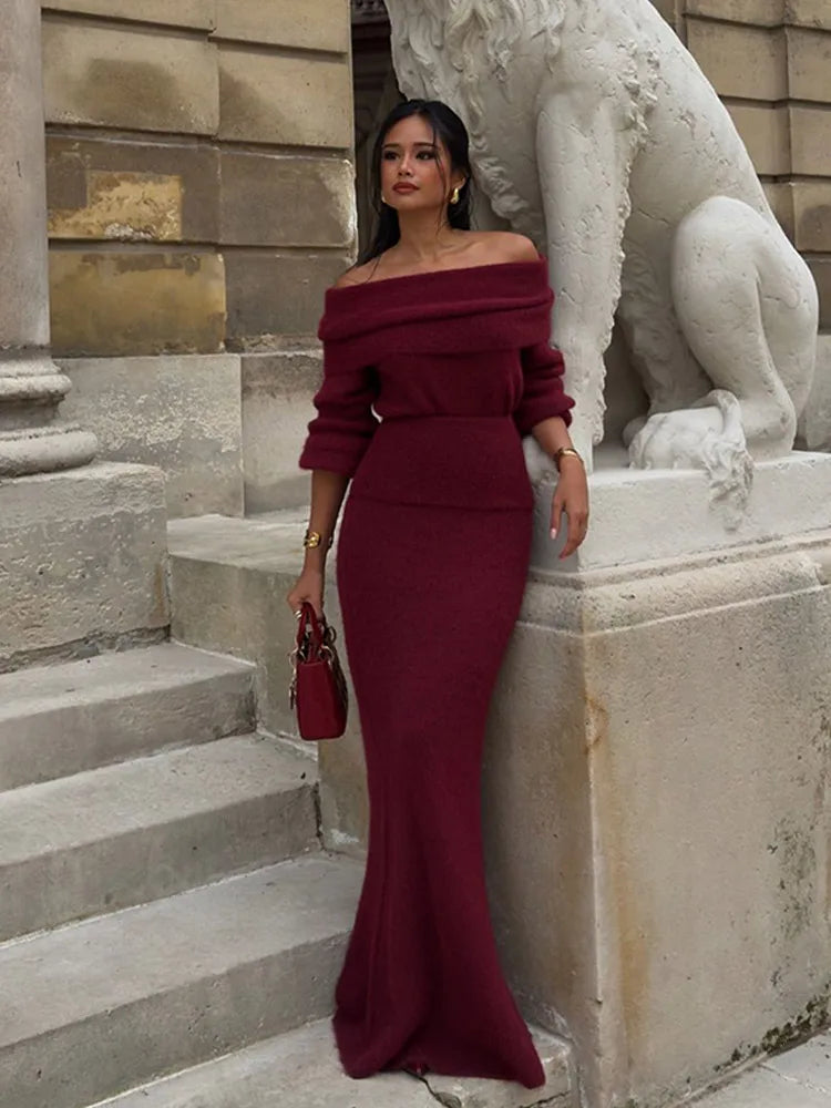 Elegant Off Shoulder Fold Knit Long Sleeve Tight Red Christmas Party Dress Dresses-L