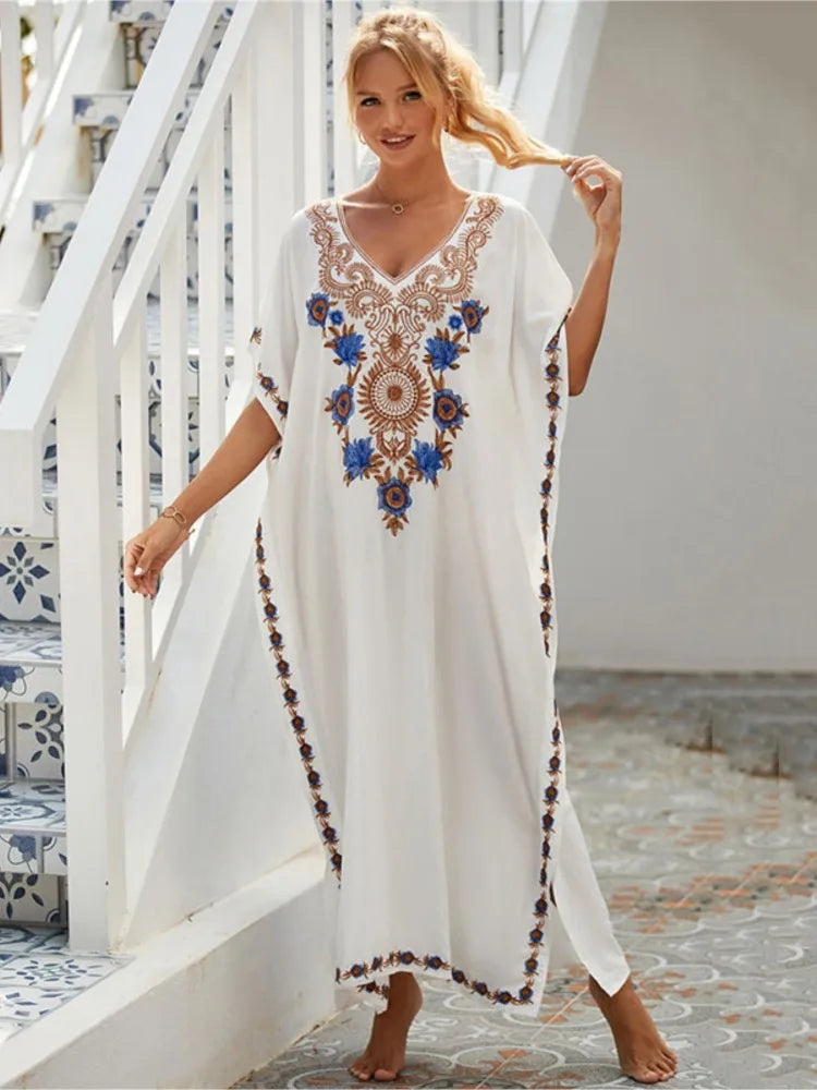 Embroidered Kaftan Beach Vacation Floral Dress oldfloraldress-250126