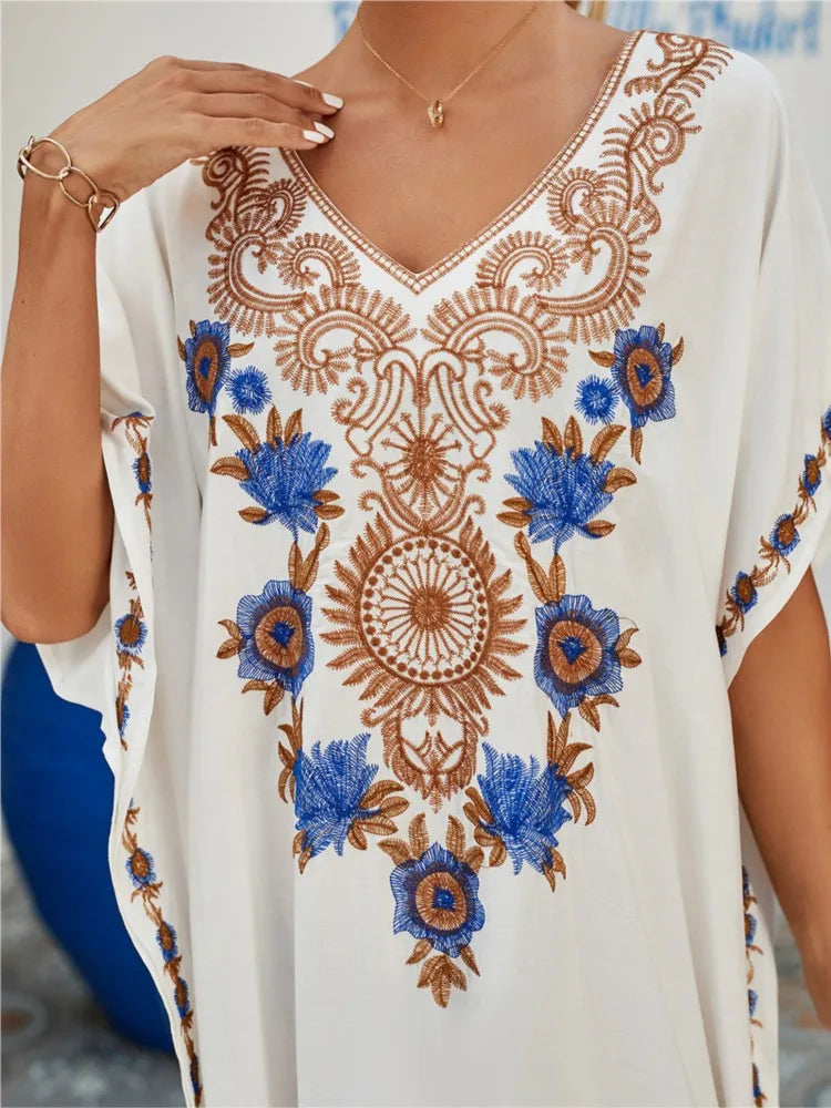 Embroidered Kaftan Beach Vacation Floral Dress oldfloraldress-250126