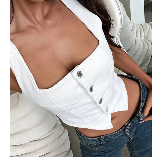 Kurzes Boot-Top aus Denim mit Knöpfen