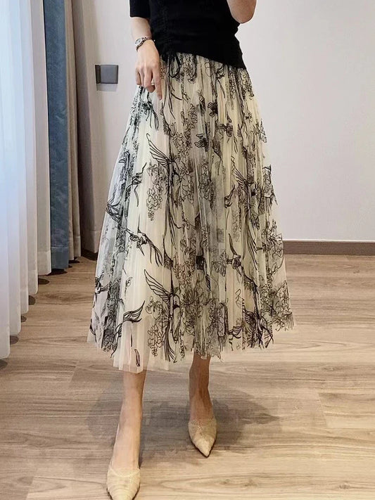 Flocking Flower Bird Tulle Gauze Elastic Waist Midi Skirt white / Free size skirt-250126