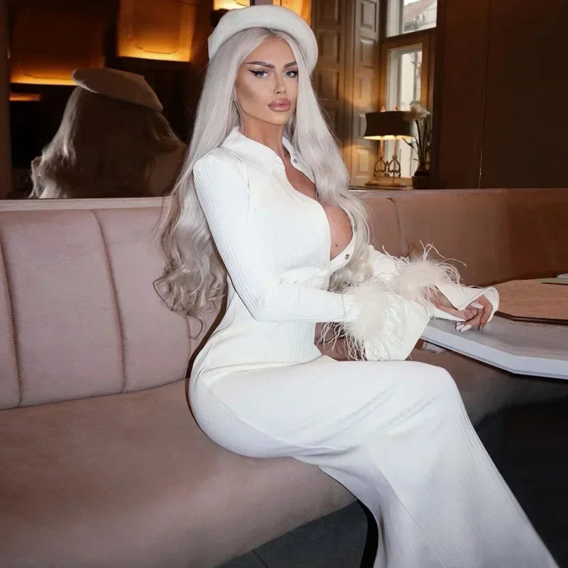 French Y2K Feather Polo Collar Party Dress Partydress-241208