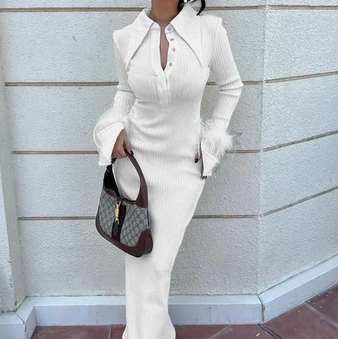 French Y2K Feather Polo Collar Party Dress White / S Partydress-241208