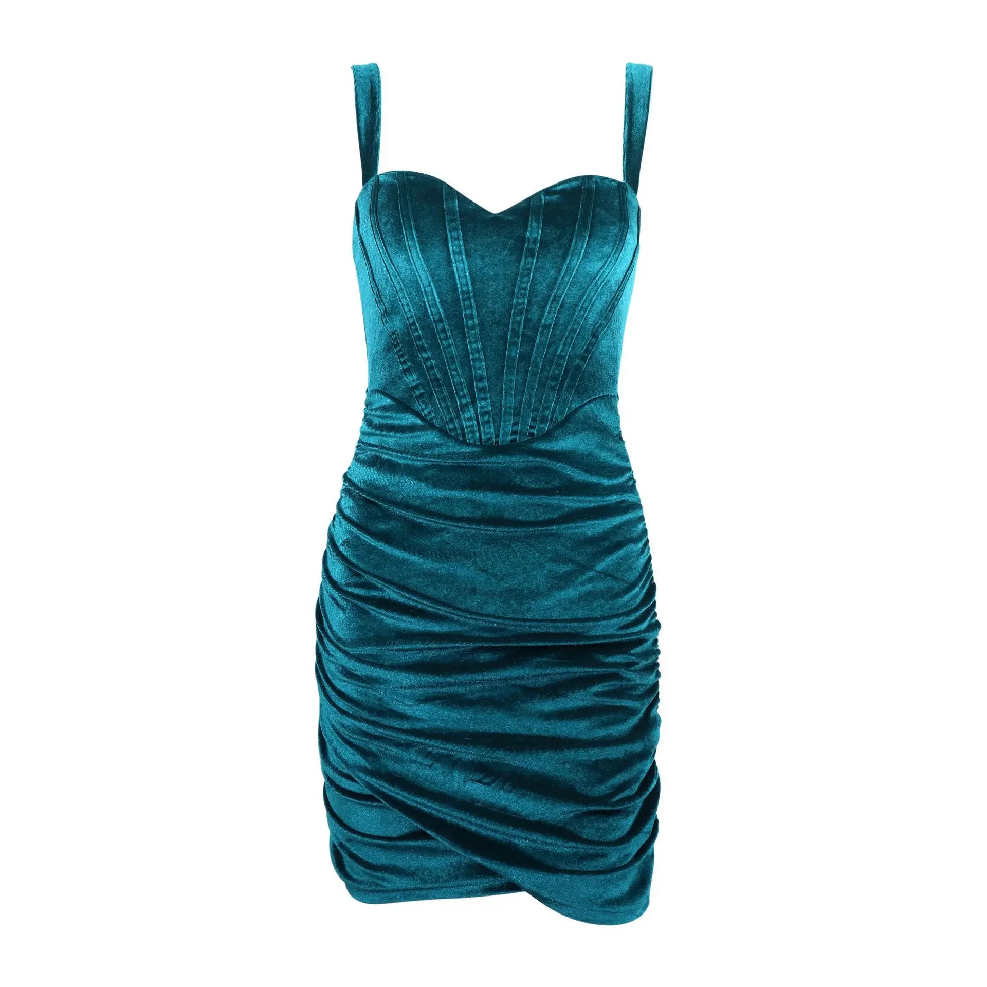 Green Velvet Dress Sexy Strapless Slim Slip Pleated Bodycon Twist Christmas Party Green / S