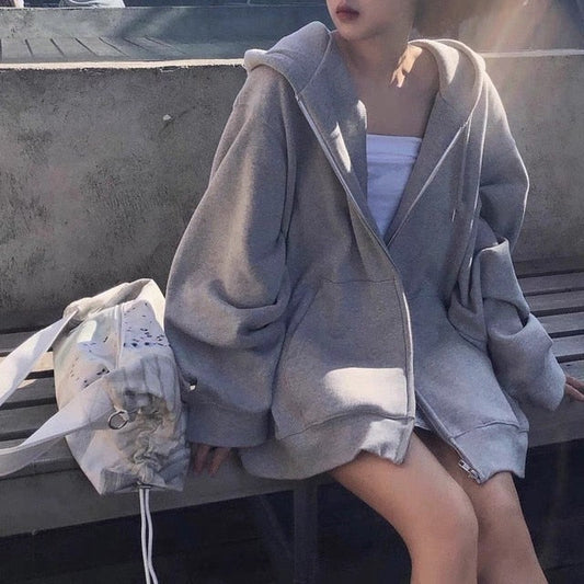 Korean Version Zip Up Loose Oversized Hoodie Sweatshirts & Hoodies-L