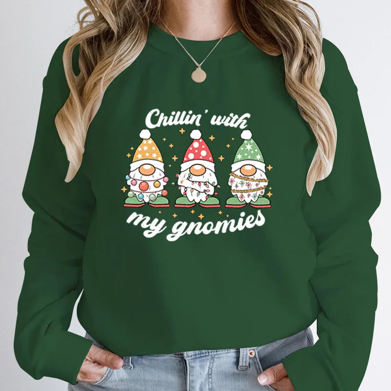 Hoodless Light Chillin’ Gnomies Round Neck Pullover Christmas Hoodie Army Green / S Hoodies-L