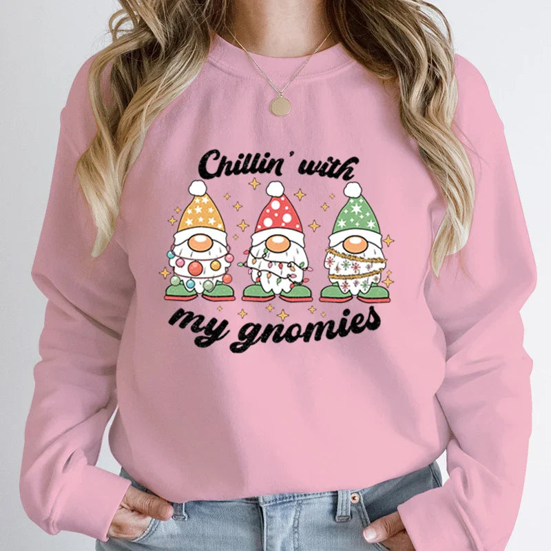 Hoodless Light Chillin’ Gnomies Round Neck Pullover Christmas Hoodie Pink / S Hoodies-L