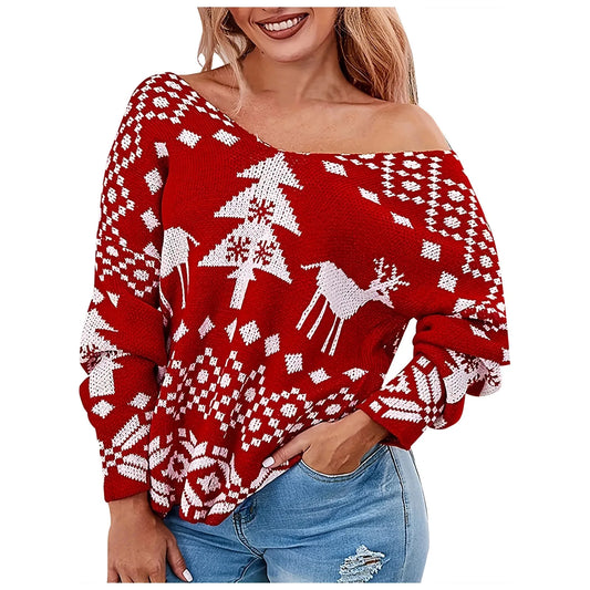 Sexy Oversized Low Back Deep V-Neck Hot Red Pullover Christmas Sweater Sweaters-L