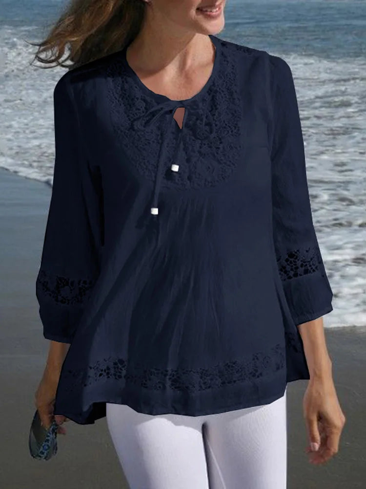 Lace Crochet Casual Patchwork Blouse Navy / S blouse-250126