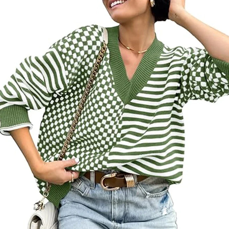 Loose Striped Plaid Casual Long Sleeve Cute Retro Chic Green Christmas Sweater Sweaters-L