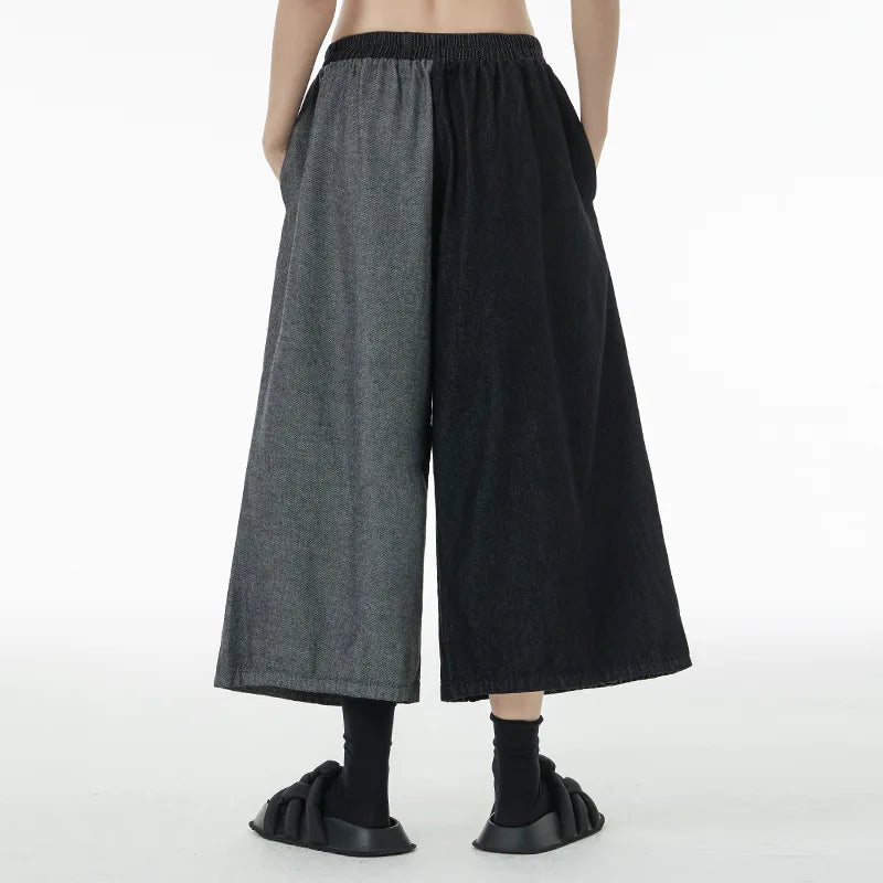 Women Patchwork Casual Denim High Elastic Waist Personality Fashion Loose Wide Leg Korea 2024
