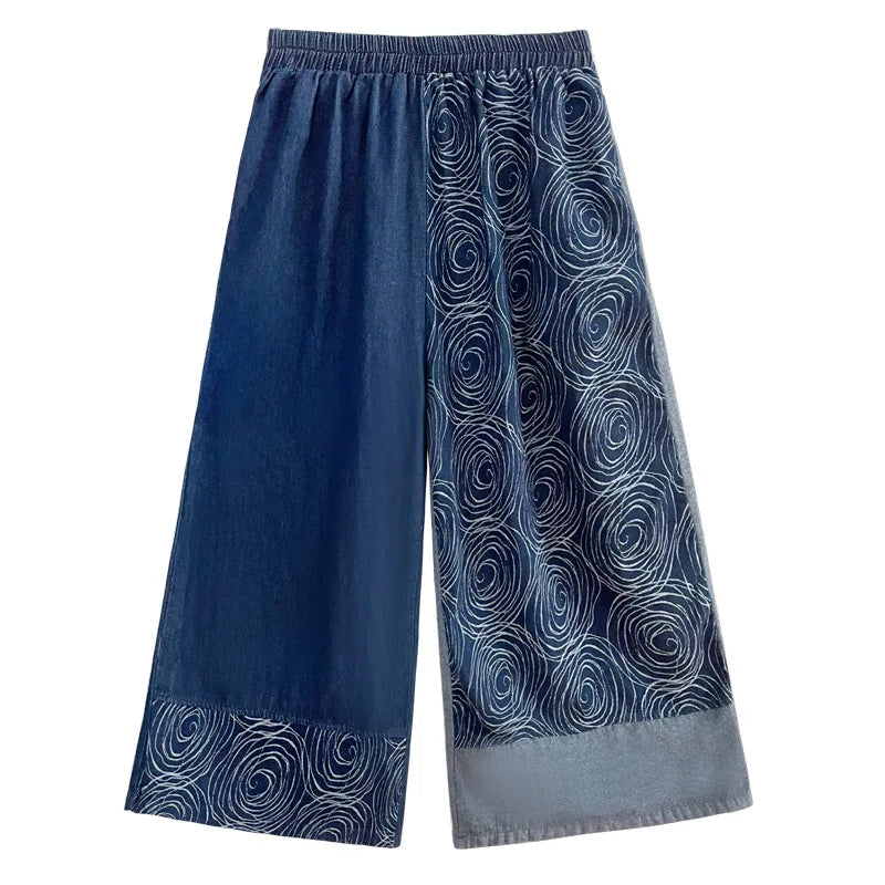 Women Patchwork Casual Denim High Elastic Waist Personality Fashion Loose Wide Leg Korea 2024