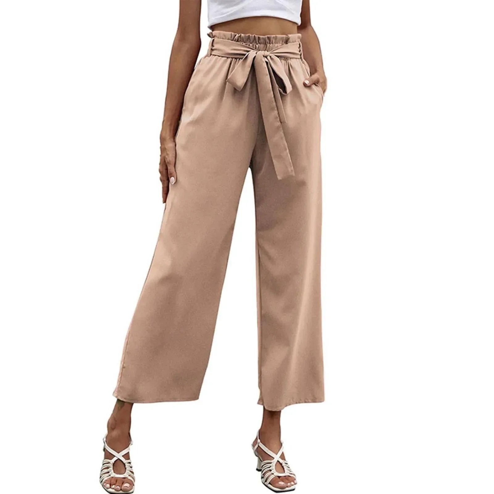 Bow Waistband Pleated Cotton Linen Pants Khaki / S