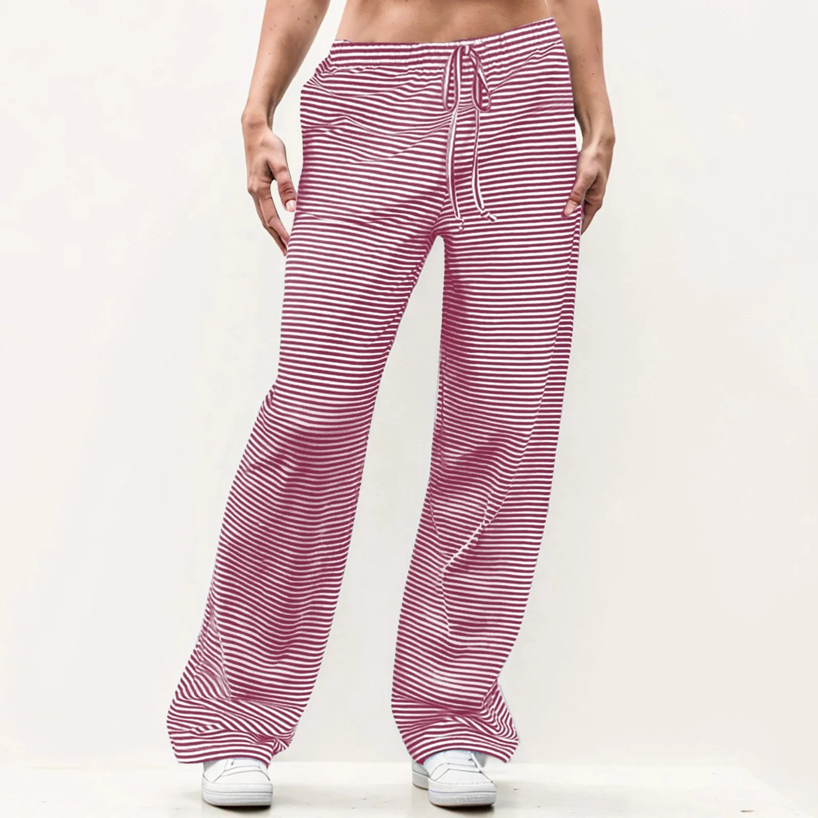 Striped Solid Wide Leg Pants Red / S