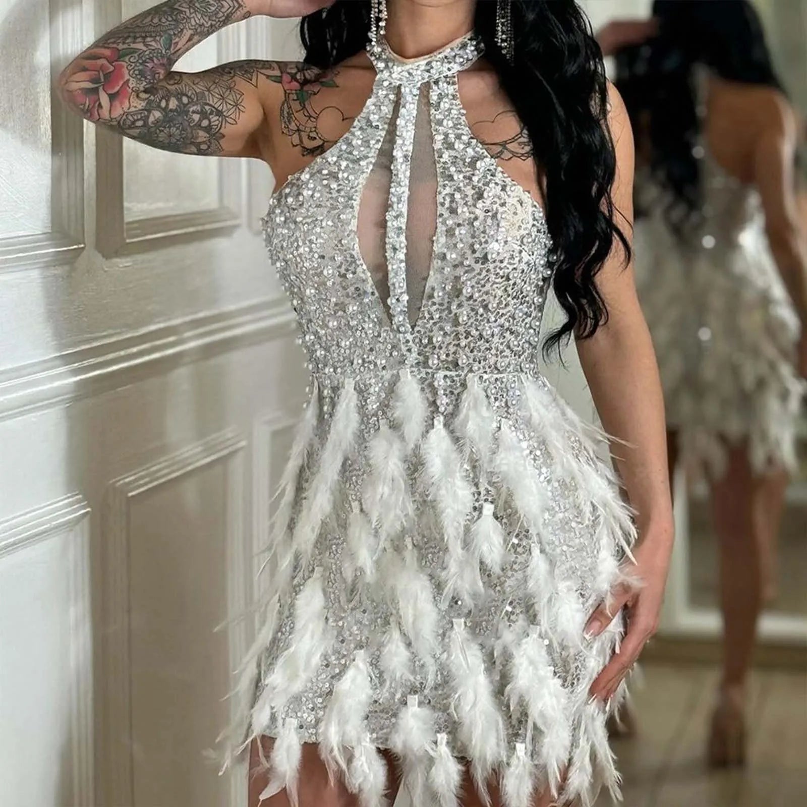 See Through Feather Bodycon Party Dress Partydress-241208