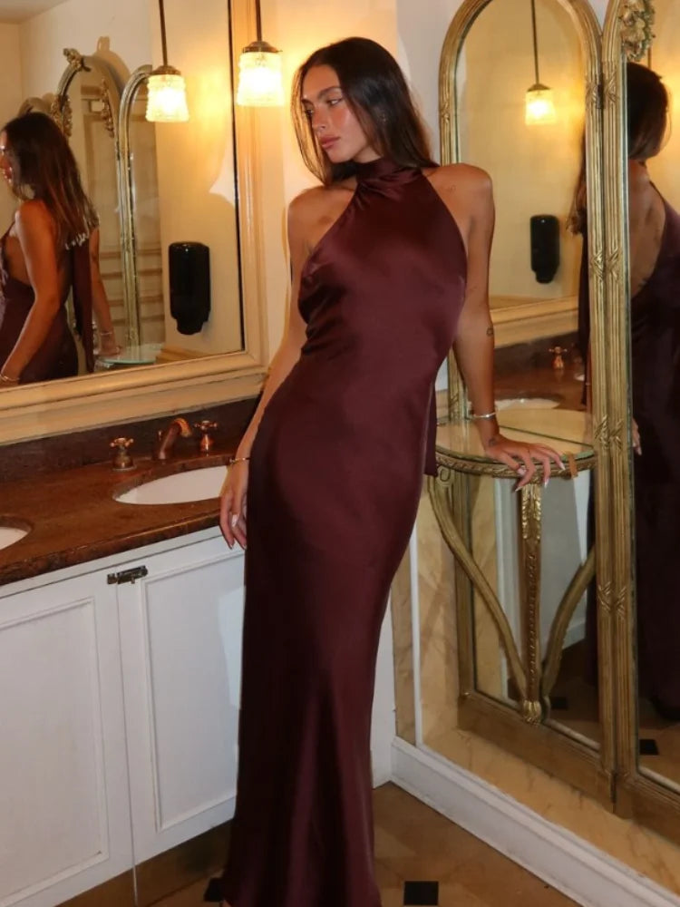 Women Sexy Chic Satin Backless Halter Lace Up Christmas Party Dress Brown / Xs Dresses-L