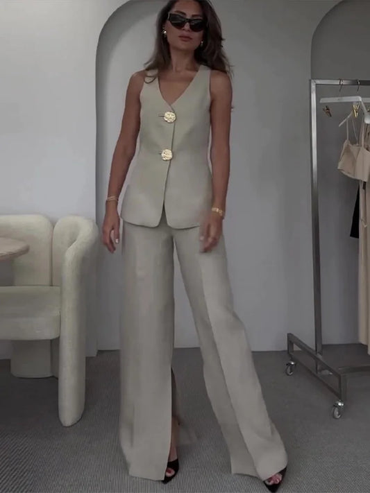 Sommerliches ärmelloses Set mit weiten Hosenbeinen fürs Büro, zweiteilig