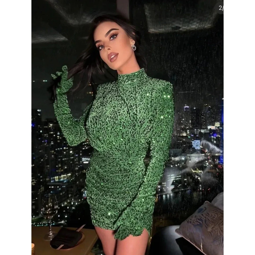 Summer Sexy Turtleneck Long Sleeve Velvet Green Mini Sequins Bodycon Christmas Party Dress Dresses-L