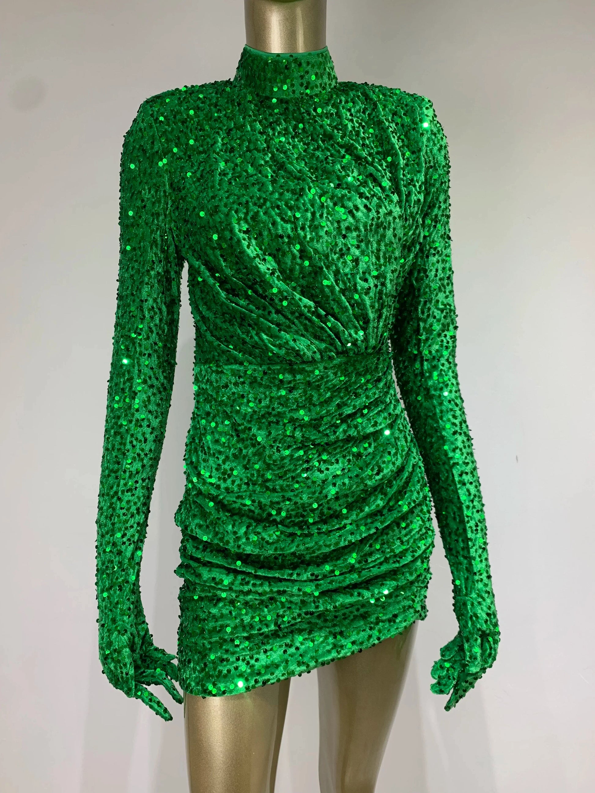 Summer Sexy Turtleneck Long Sleeve Velvet Green Mini Sequins Bodycon Christmas Party Dress Dresses-L