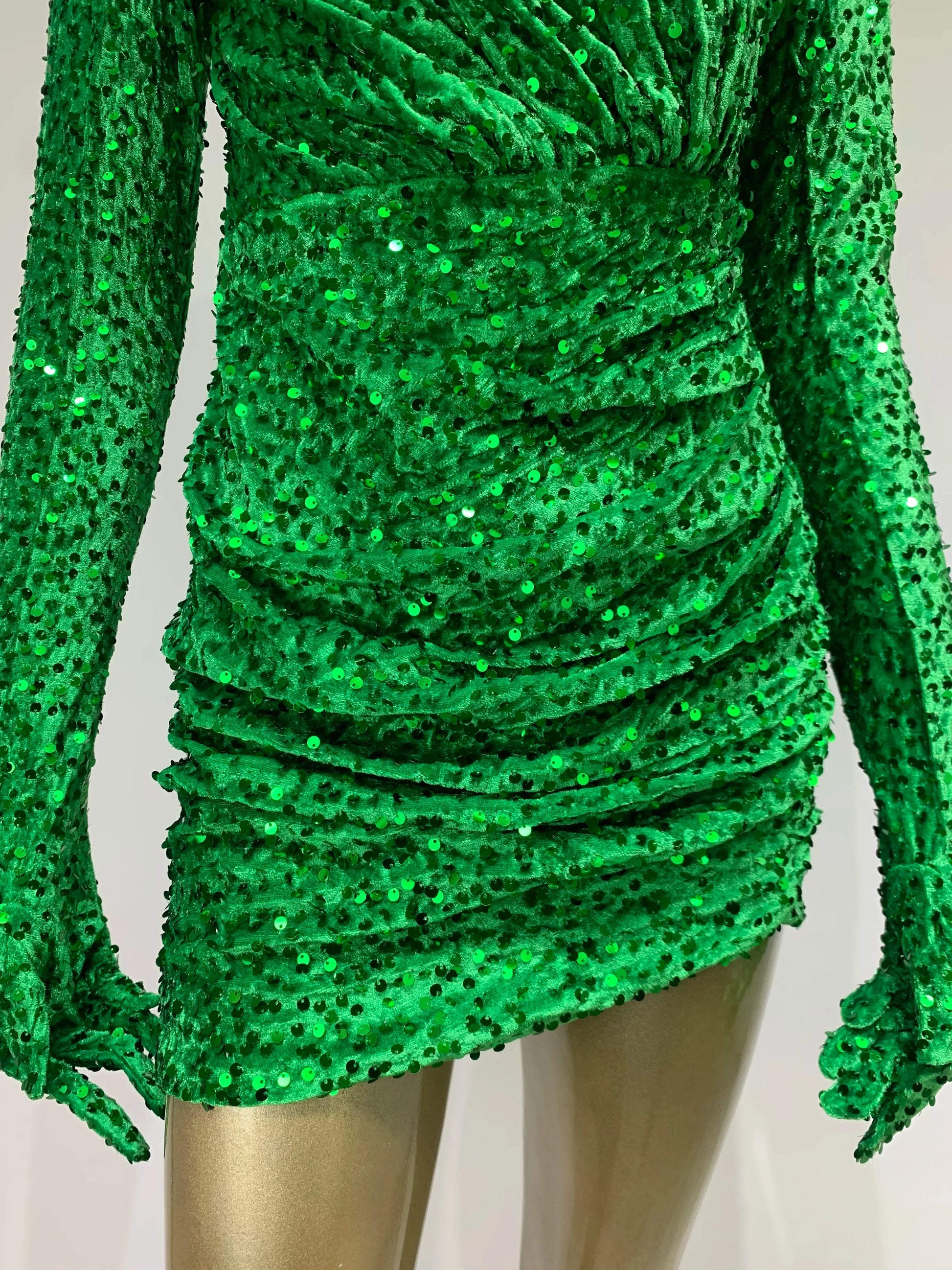 Summer Sexy Turtleneck Long Sleeve Velvet Green Mini Sequins Bodycon Christmas Party Dress Dresses-L