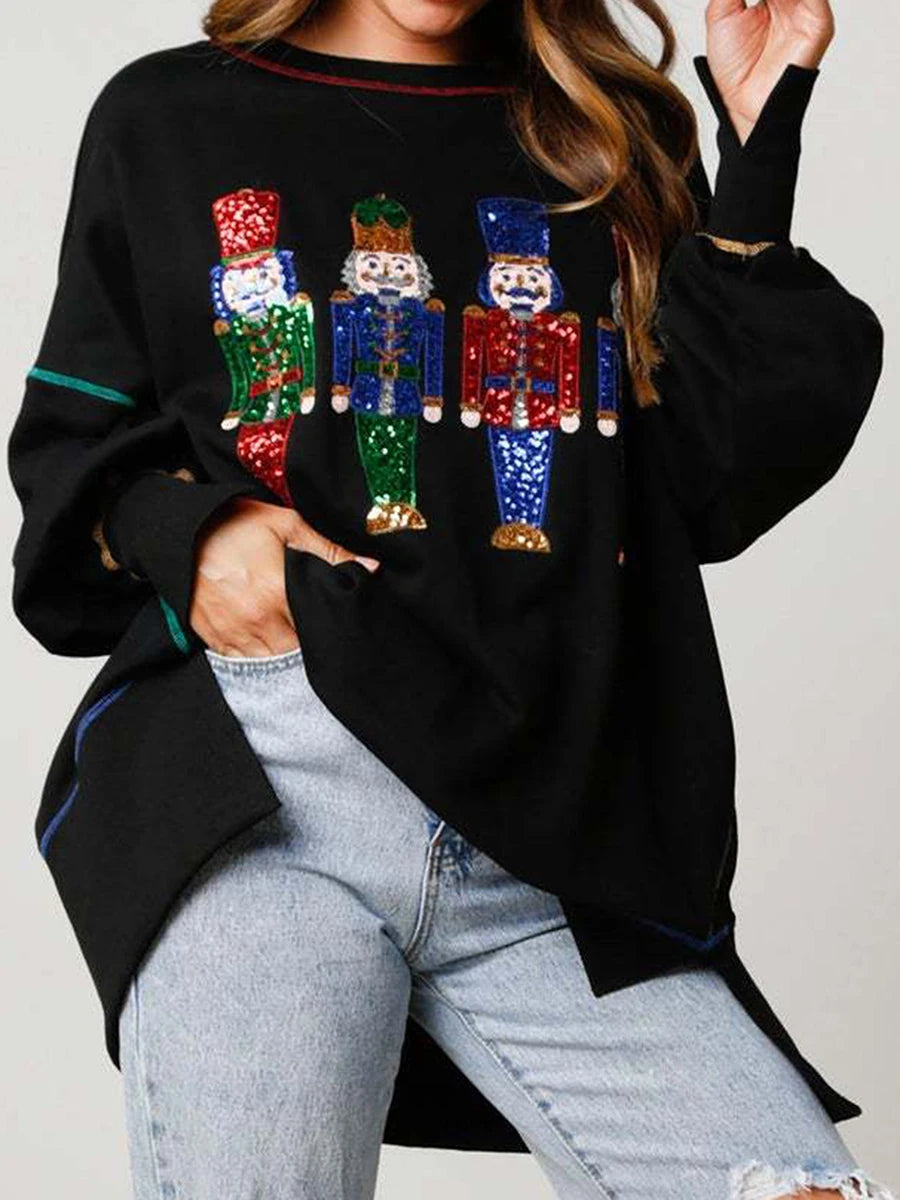 Y2K Nutcracker Sequin Long Sleeve Crewneck Christmas Hoodie Black / S Hoodies-L