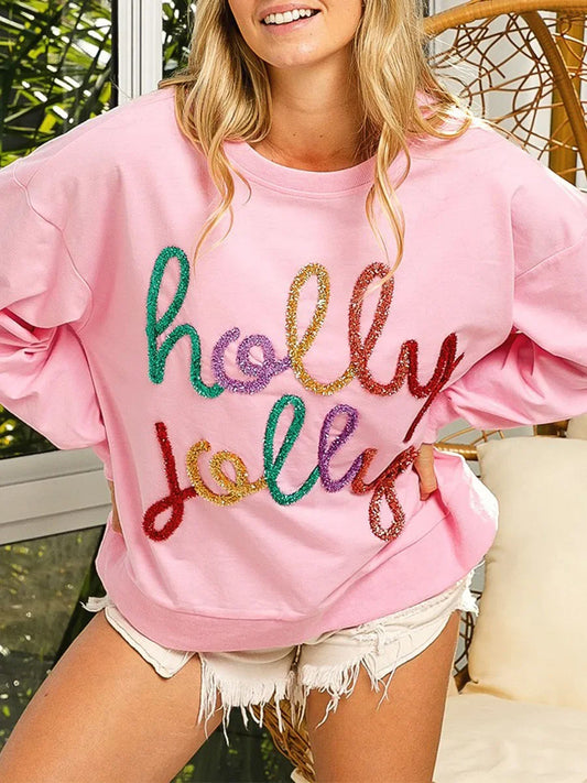 Fall Sequin Letter Pattern Long Sleeve Round Neck Loose Christmas Hoodie Hoodies-L