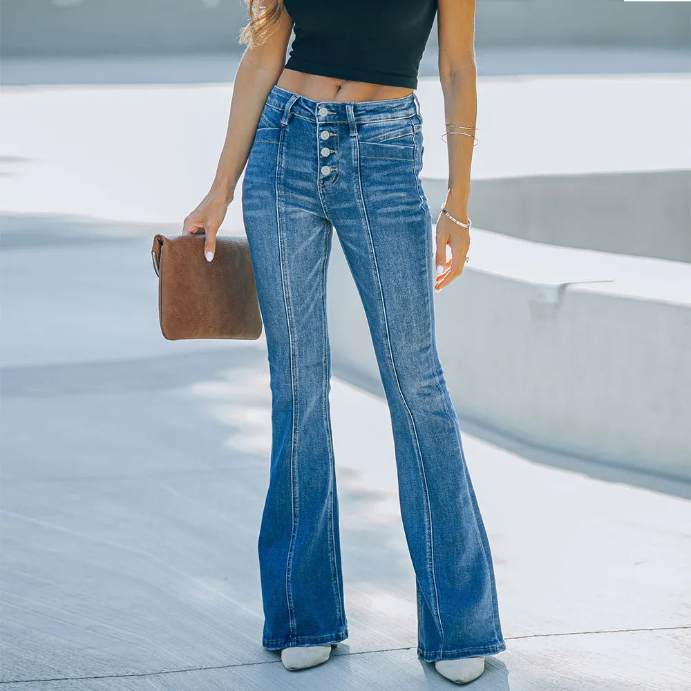 Women’s Flared Patchwork Vintage Fashion Stretch High Waist Casual Slim Streetwear Wide Leg Flare
