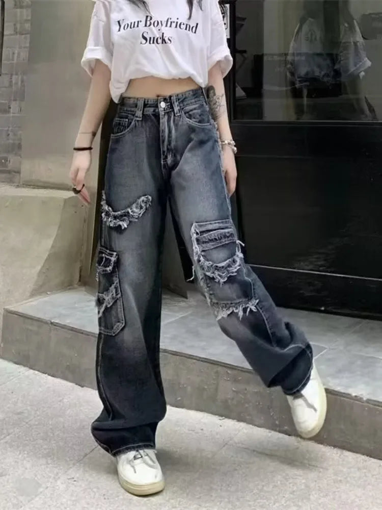 Summer Vintage Washed And Worn Out Versatile Straight Drop High Waist Wide Leg Women’s Jean