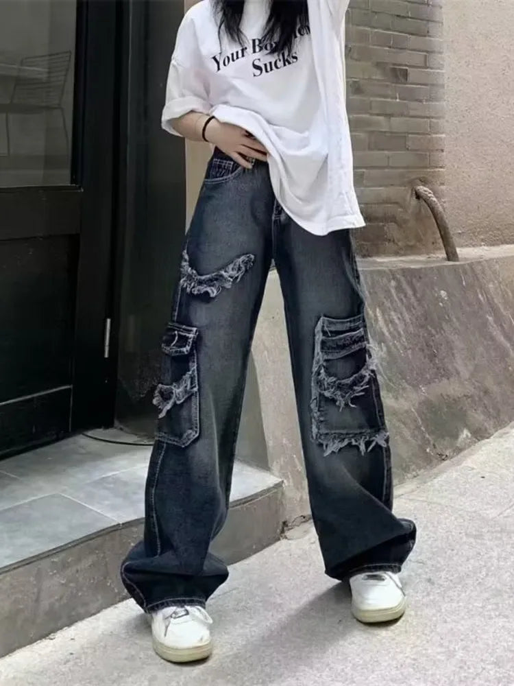 Summer Vintage Washed And Worn Out Versatile Straight Drop High Waist Wide Leg Women’s Jean