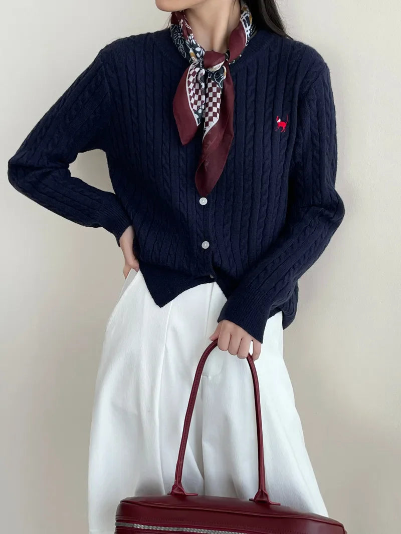 Navy Blue Cable Knit Cartoon Embroidered Trendy Cardigan Christmas Sweater Sweaters-L