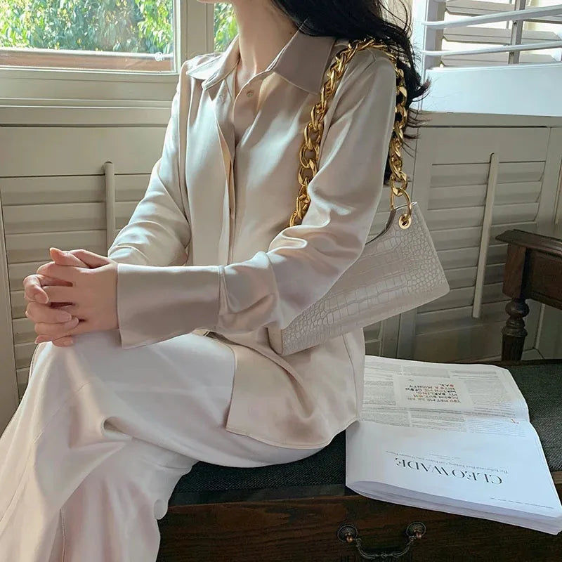Satin Long Sleeve French Style Office Lady Blouse blouse-250126
