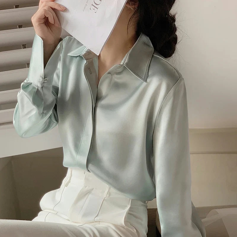 Satin Long Sleeve French Style Office Lady Blouse Green / S blouse-250126