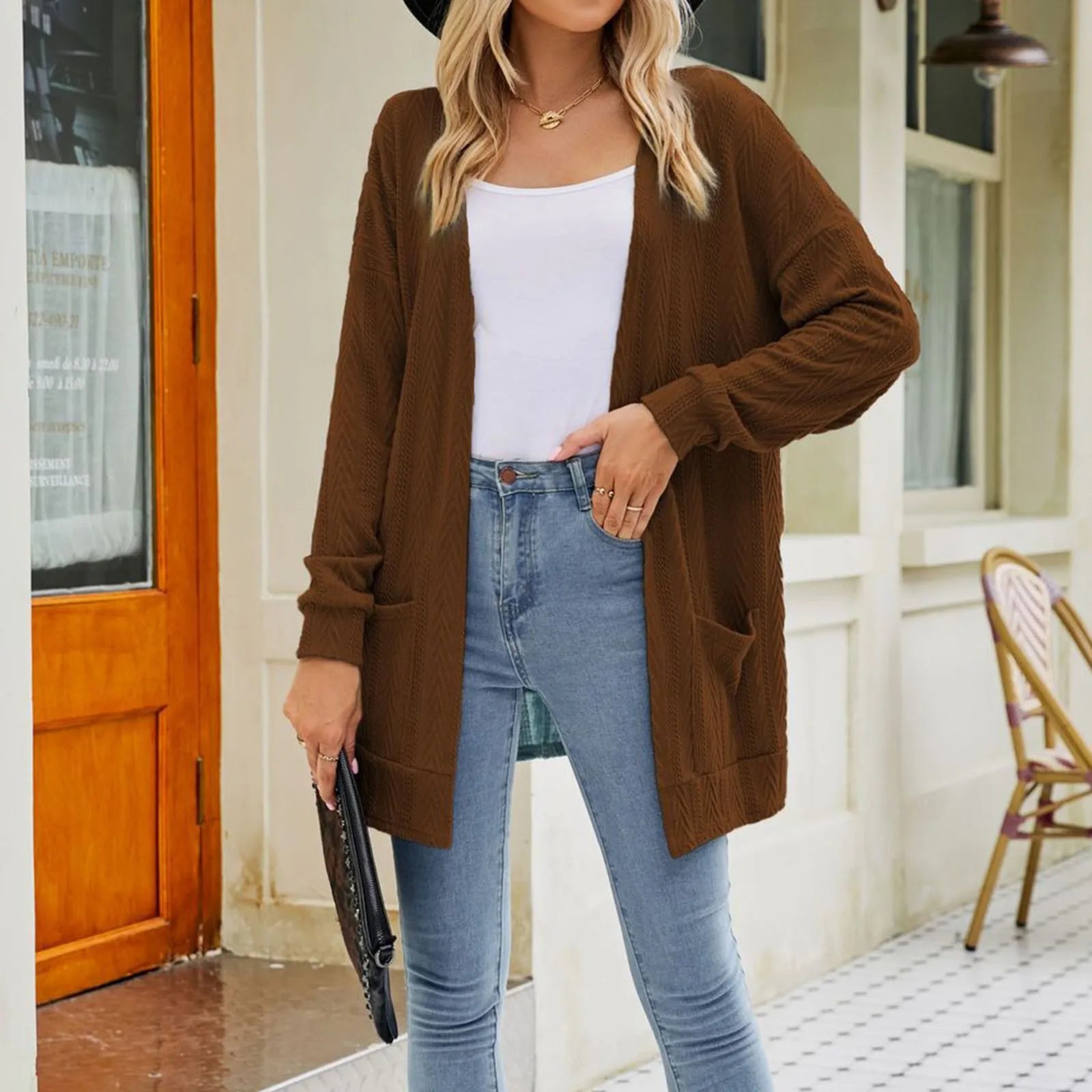 Plus Size Open Front Chunky Knit Cardigan Brown / S Cardigan-241208