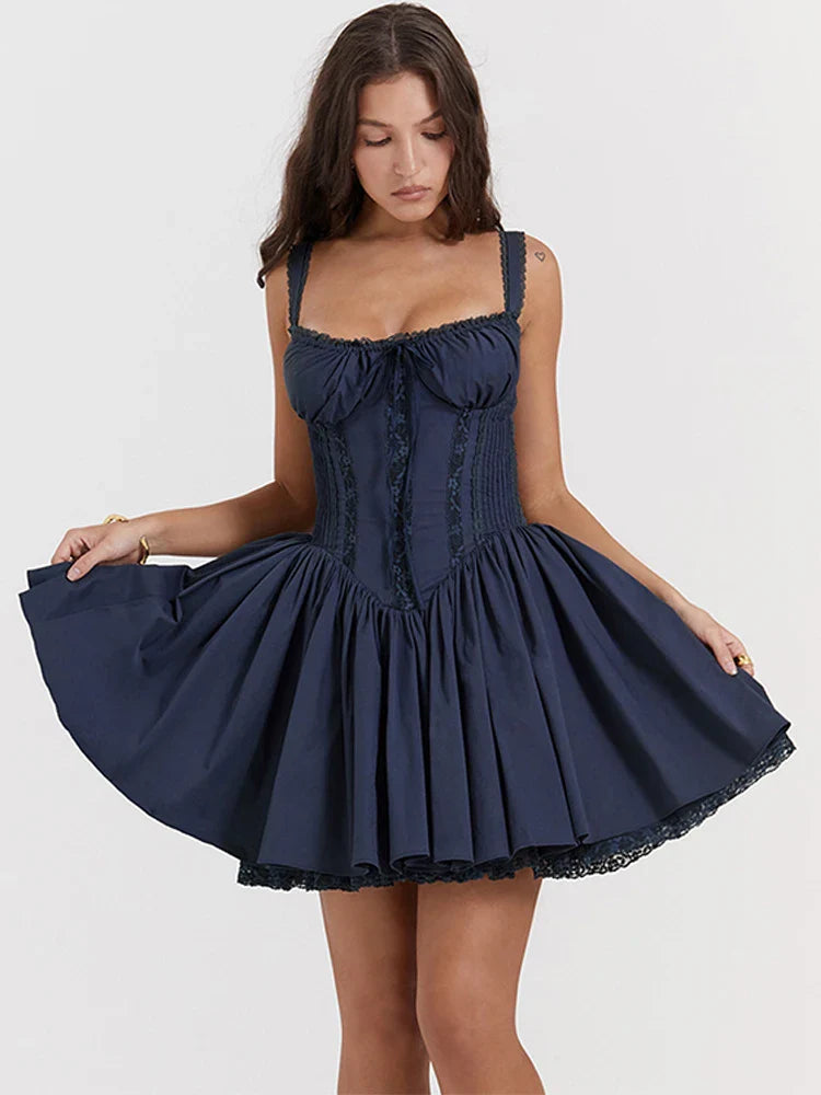 Cute Elegant Italian Noodle Strap Lace Up Red Christmas Party Dress Navy Blue / S Dresses-L