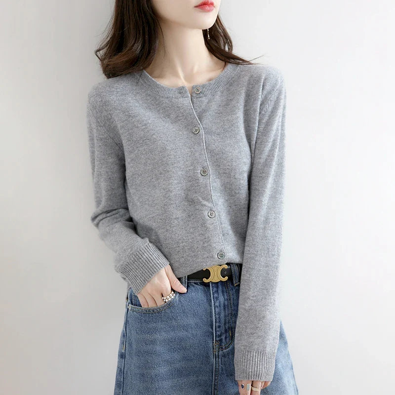 Short Slim O-Neck Single Breasted Gold Camel Knit Cardigan GRAY / S cardiagn-250126
