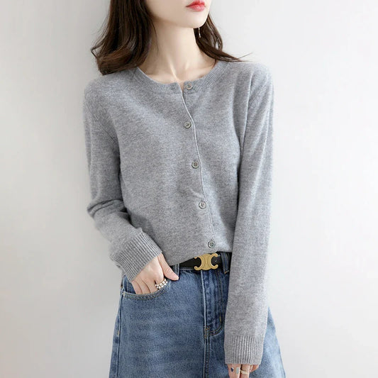 Short Slim O-Neck Single Breasted Gold Camel Knit Cardigan GRAY / S cardiagn-250126
