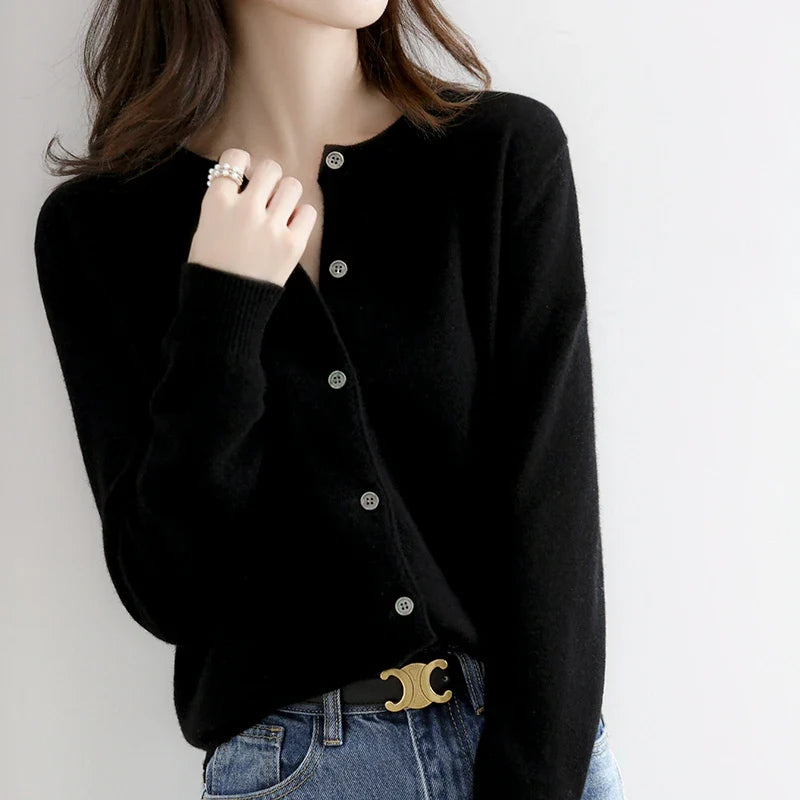 Short Slim O-Neck Single Breasted Gold Camel Knit Cardigan Black / S cardiagn-250126