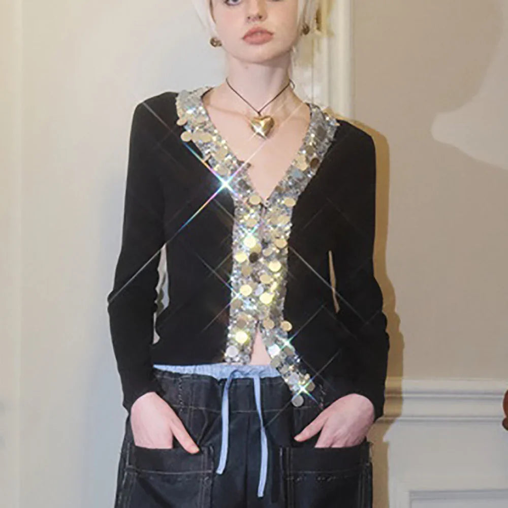 Wool Blend Colorful Sequin V-Neck Cardigan Black / S Cardigan-241208
