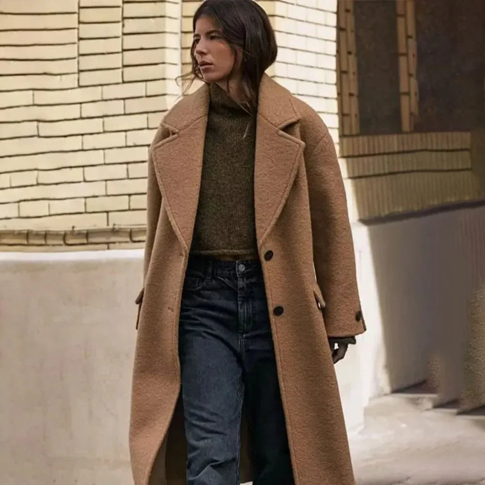 Single-Breasted Casual Woolen Overcoat Khaki / XS