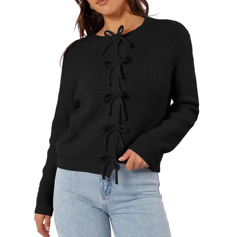 Y2K Bow Front Round Neck Cardigan Black / S Cardigan-241208