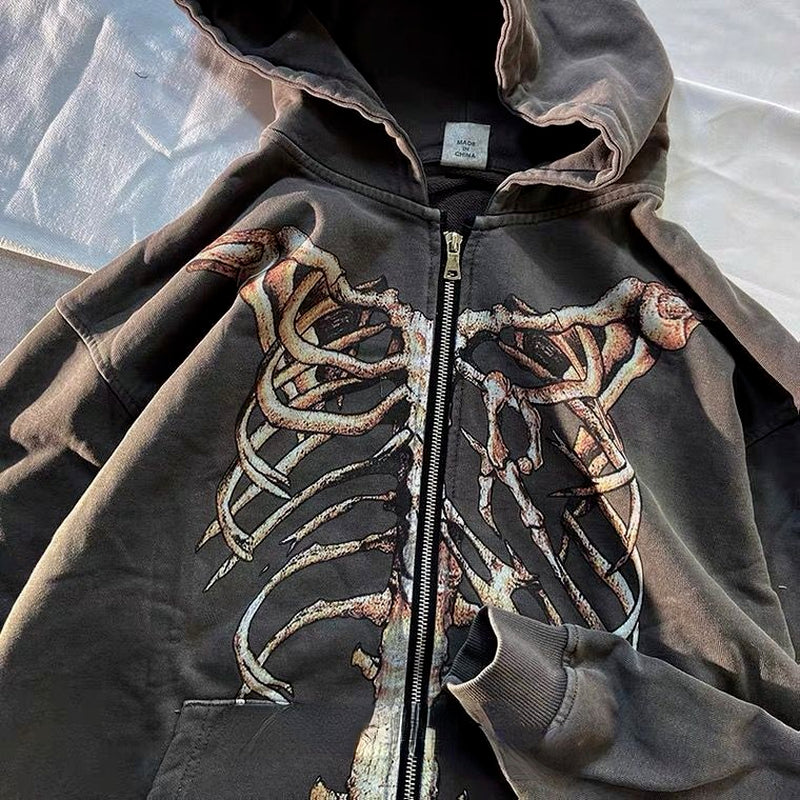 Gothic Punk Skeleton Print Hoody Jacket