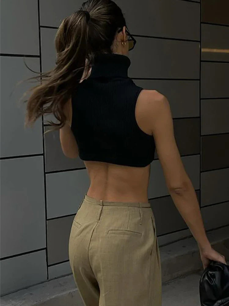 Y2K Black Knitting Turtleneck Crop Women Irregularity Skinny Elasticity Fashion Club Streetwear