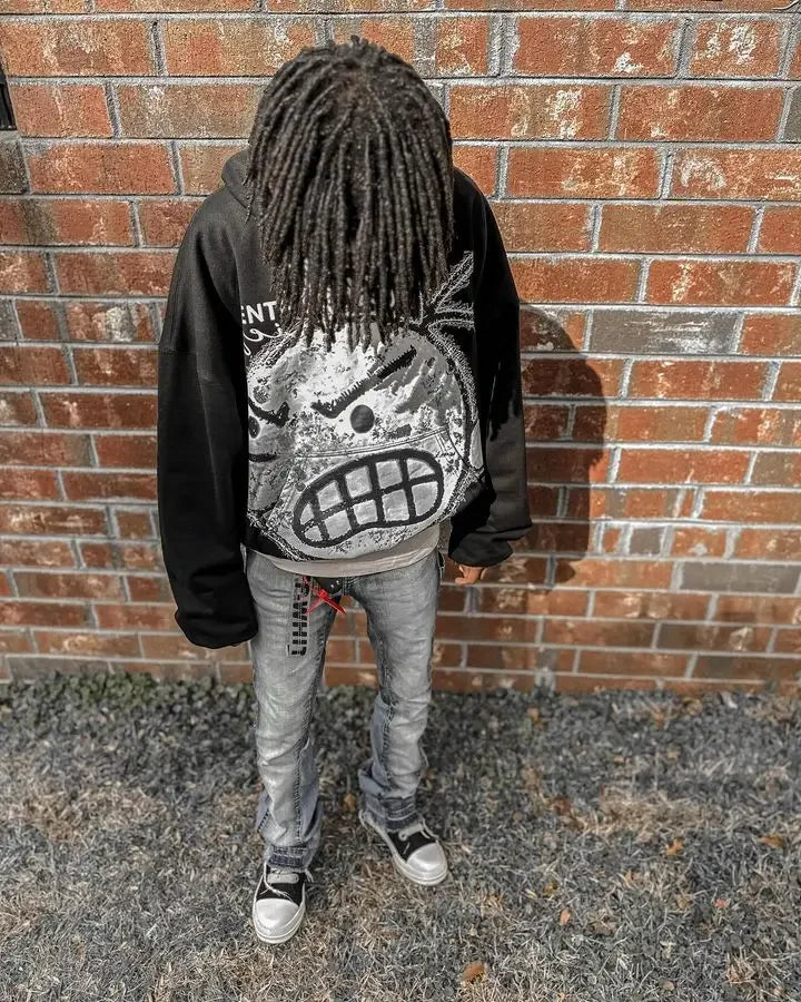 Cartoon Pattern Printed Hoodie Black / S