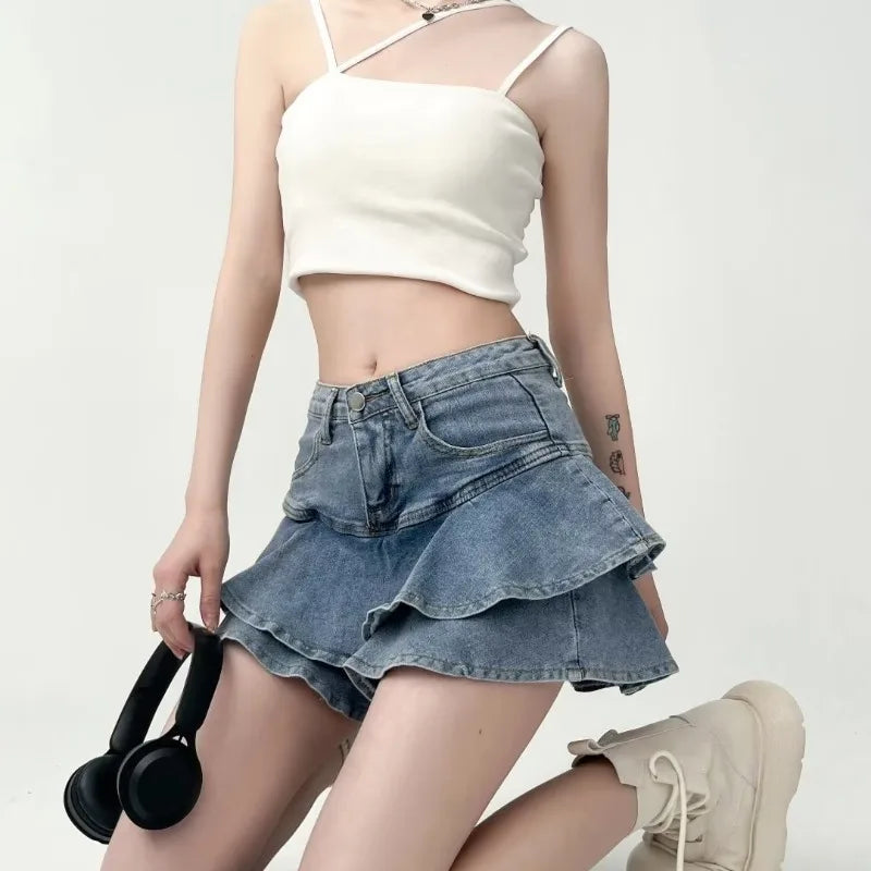 Ruffled Micro Denim School Skirt Blue / S skirts-250223