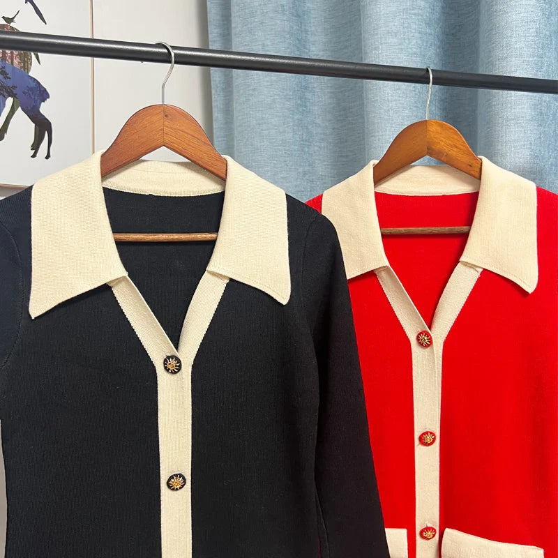 Chic Knitted Turn-Down Collar Red Black Christmas Party Dress Dresses-L