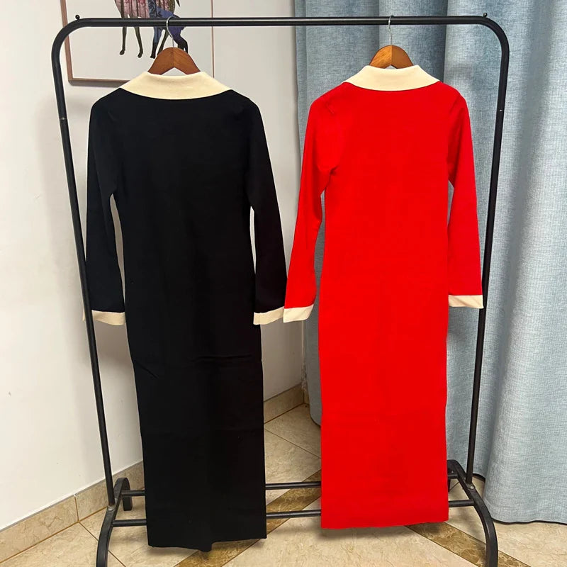 Chic Knitted Turn-Down Collar Red Black Christmas Party Dress Dresses-L
