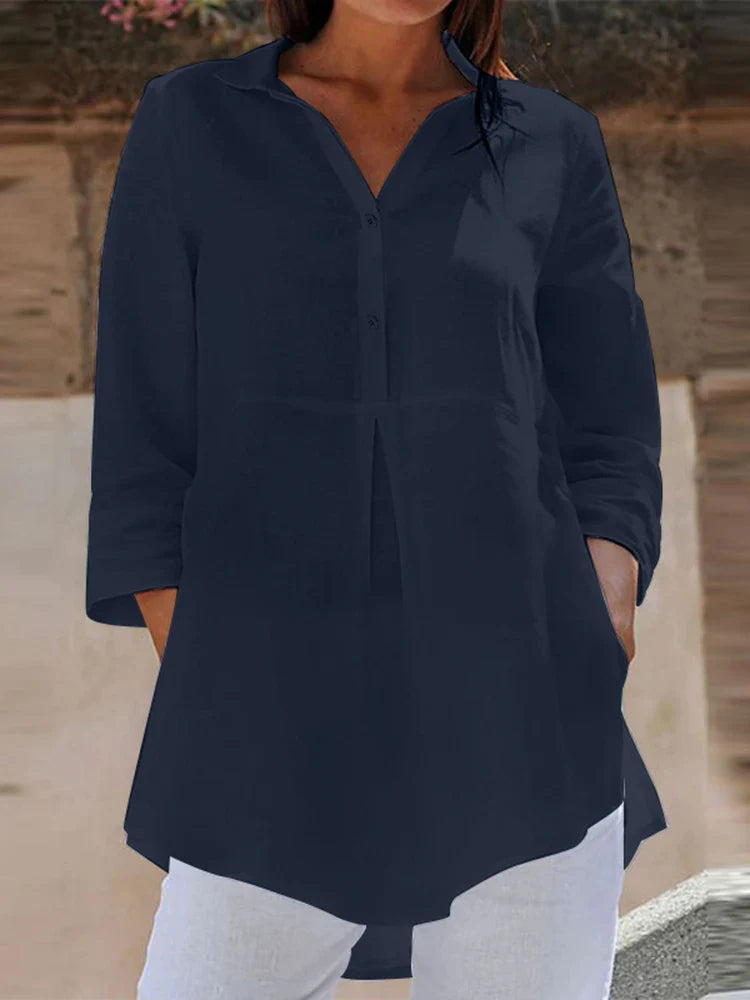 Lapel Neck 3/4 Sleeve Casual Loose Button Blouse Navy / S blouse-250126