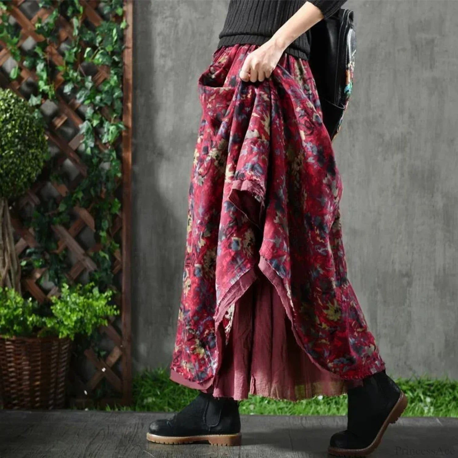 A-Line Pleated Autumn Floral Long Skirt with Pockets
